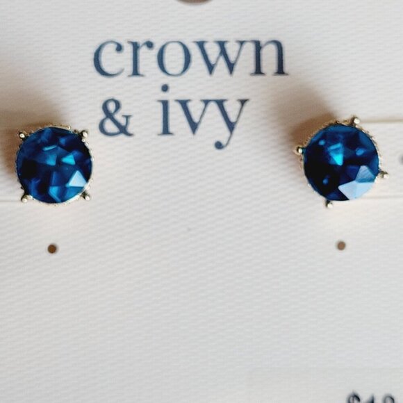 Crown & Ivy Blue Crystal Post Stud Earrings Gold Tone NEW Pierced Sparkle Bling - Picture 4 of 8